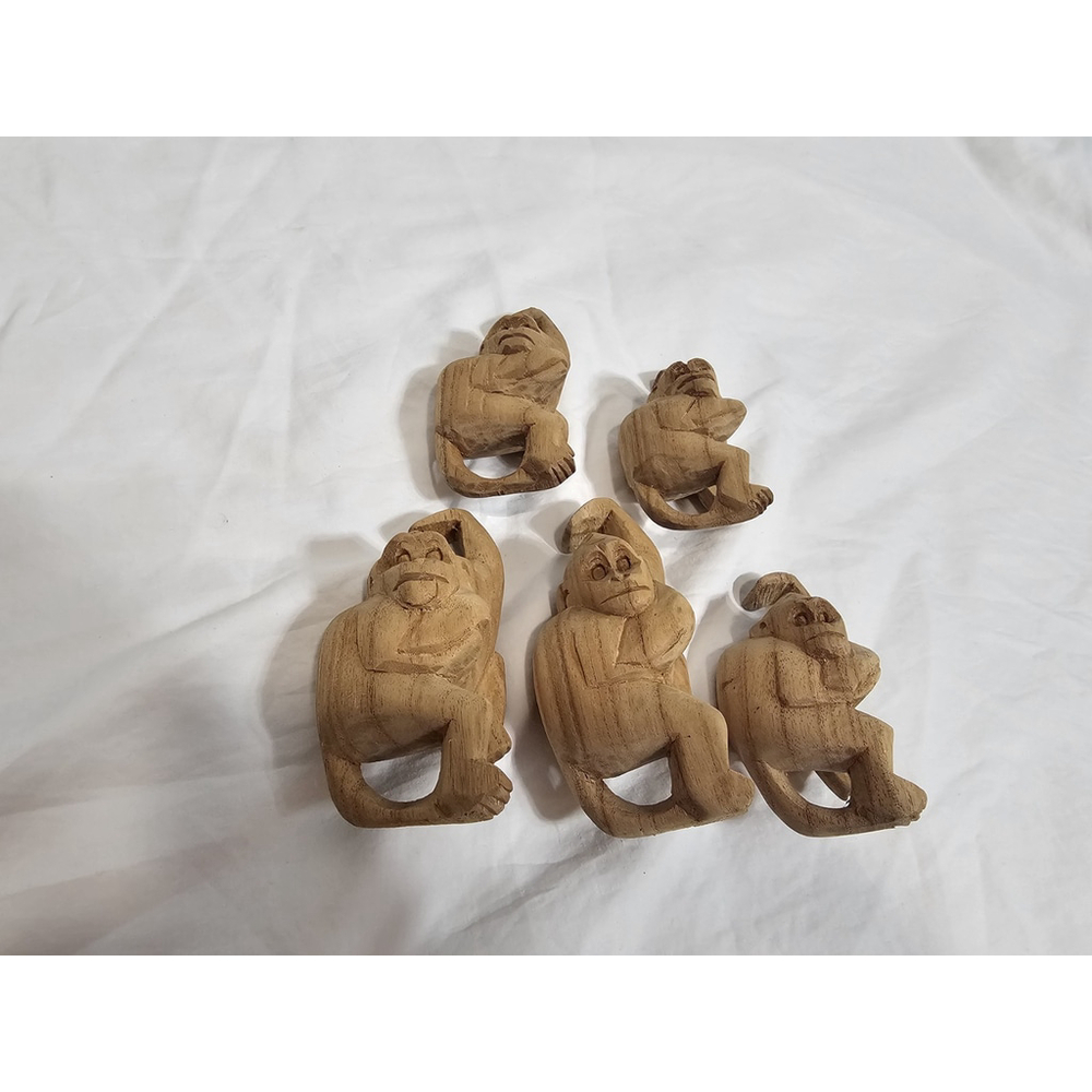 Vintage Hand Carved Wooden Hanging Monkey Figurines Set Of 5